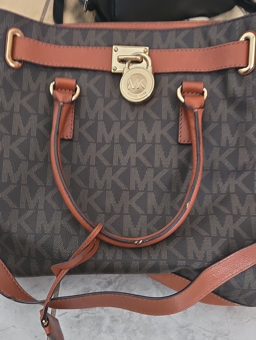 Michael Kors Brown Hamilton MK Logo Tote with Tan Leather Trim